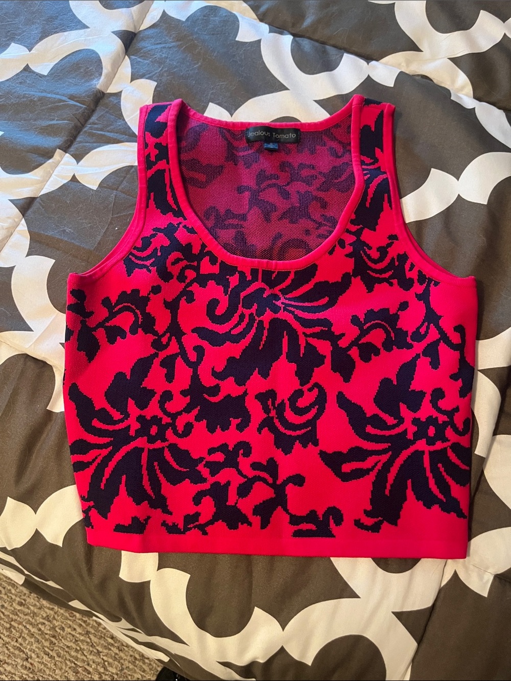 Jealous Tomato Bright Pink and Black Floral-Print Cropped Tank